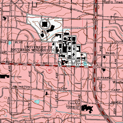 Topographic Map of University of Southern Mississippi Mannoni Performing Arts Center, MS