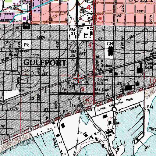 Topographic Map of Gulfport Amtrak Station, MS