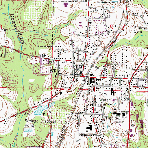 Topographic Map of Purvis City Hall, MS