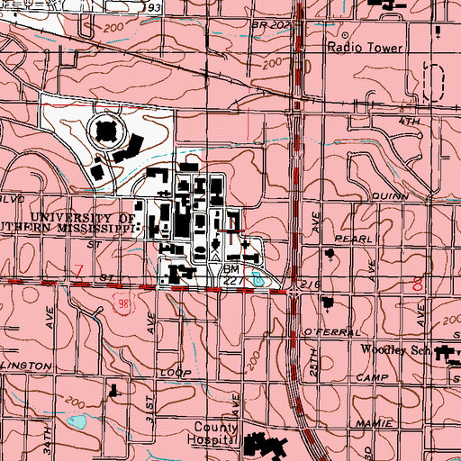 Topographic Map of University of Southern Mississippi Hattiesburg Residence Hall, MS