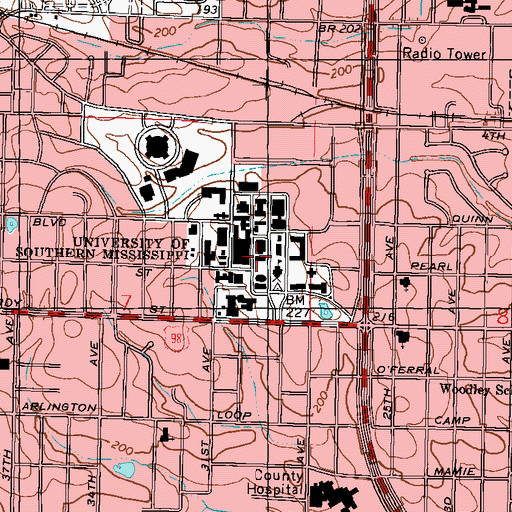 Topographic Map of University of Southern Mississippi Forrest County Hall, MS
