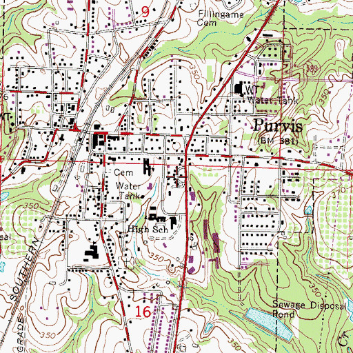 Topographic Map of Purvis Post Office, MS