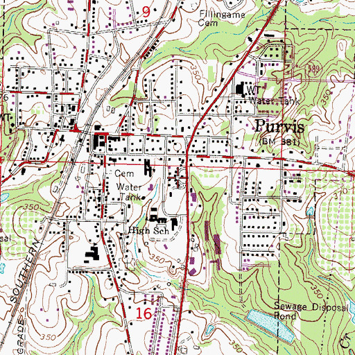 Topographic Map of Purvis Post Office, MS