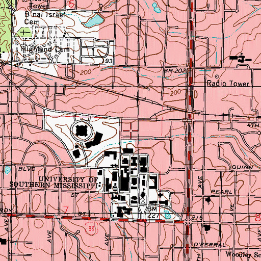 Topographic Map of University of Southern Mississippi Bond Residence Hall, MS