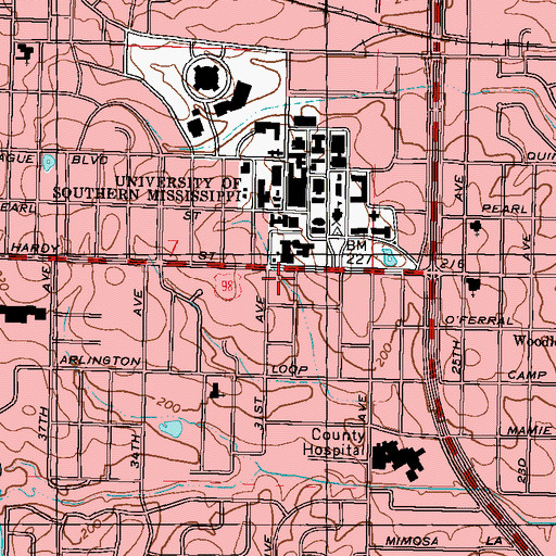 Topographic Map of University of Southern Mississippi Elam Arms Dormitory, MS