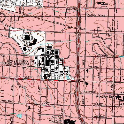 Topographic Map of University of Southern Mississippi Hickman Residence Hall, MS
