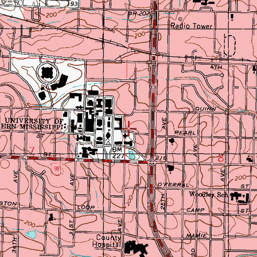Topographic Map of University of Southern Mississippi Pulley Residence Hall, MS