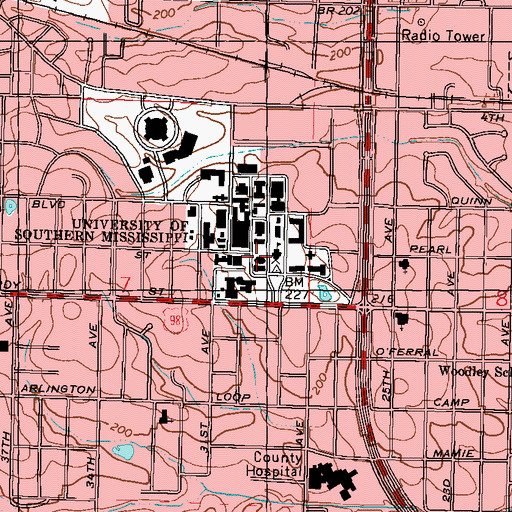 Topographic Map of University of Southern Mississippi Stout Hall, MS