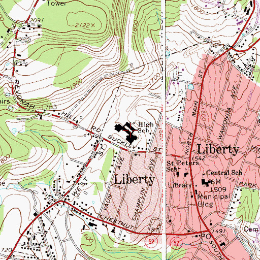 Topographic Map of Liberty Middle School, NY