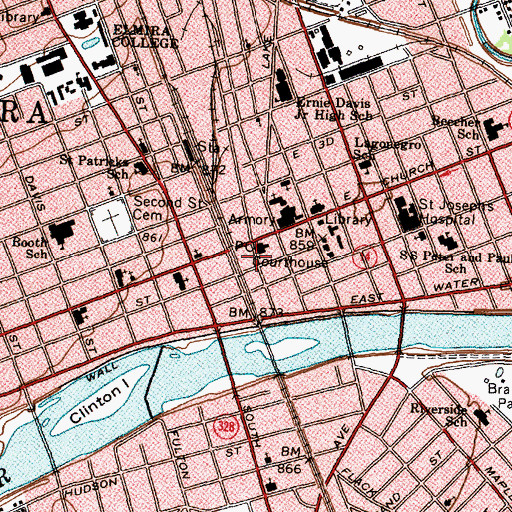 Topographic Map of Downtown Elmira Post Office, NY