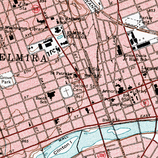 Topographic Map of Elmira College Station Post Office (historical), NY