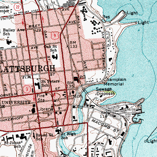 Topographic Map of Plattsburgh Post Office, NY