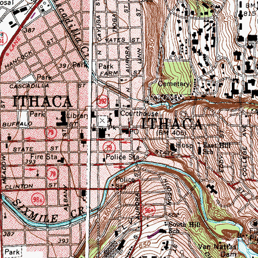 Topographic Map of Downtown Ithaca Post Office, NY
