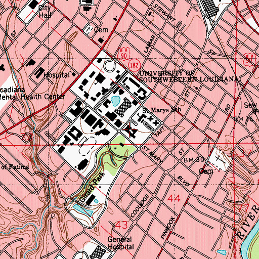 Topographic Map of University of Louisiana Lafayette Angelle Hall, LA