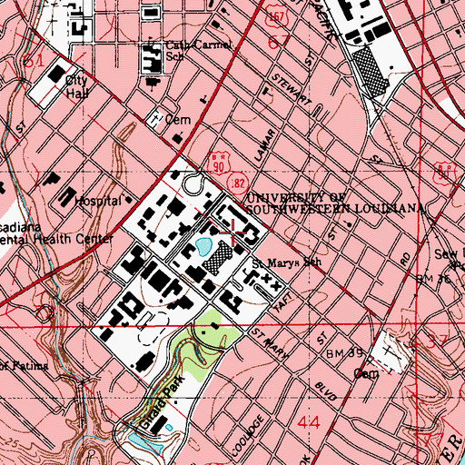 Topographic Map of University of Louisiana Lafayette Evangeline Hall, LA