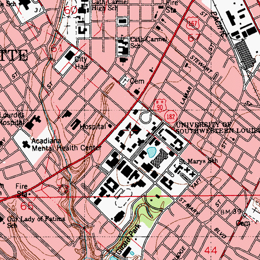 Topographic Map of University of Louisiana Lafayette F G Mouton Hall, LA