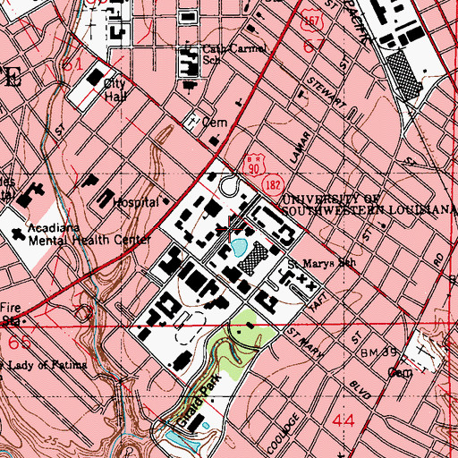 Topographic Map of University of Louisiana Lafayette Olivier Hall, LA