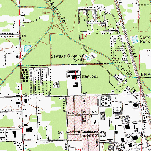 Topographic Map of Southeastern Louisiana University North Campus Main Building, LA