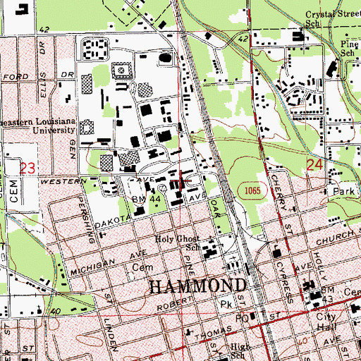 Topographic Map of Southeastern Louisiana University Pursley Hall, LA