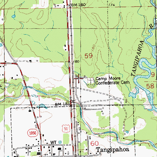 Topographic Map of Camp Moore Cemetery, LA