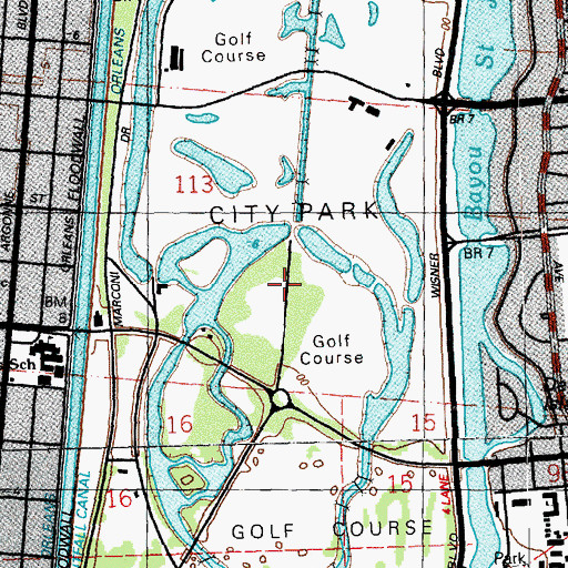 Topographic Map of New Orleans City Park Golf Course North Course, LA