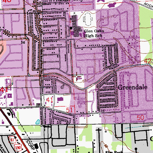 Topographic Map of Glen Oaks Baptist Church, LA