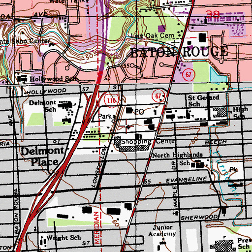 Topographic Map of East Baton Rouge Parish Library Delmont Gardens Branch, LA