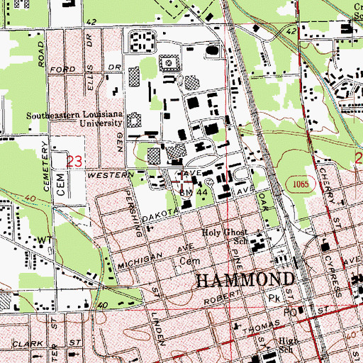 Topographic Map of Southeastern Louisiana University Strawberry Stadium, LA