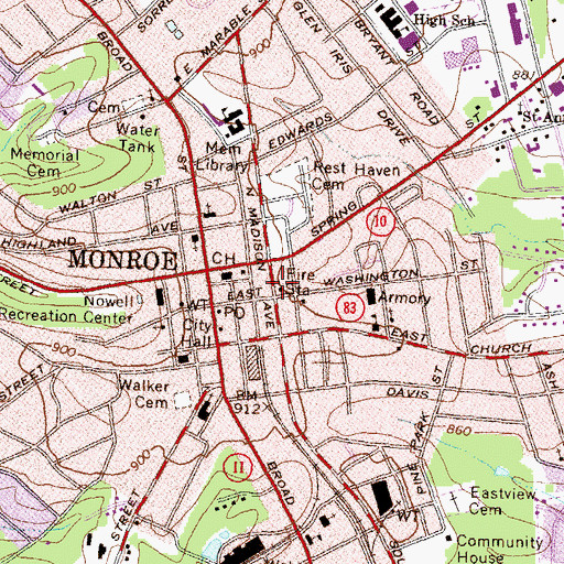Topographic Map of Monroe Fire Department, GA