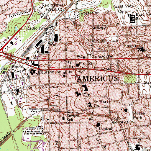 Topographic Map of Americus Fire and Emergency Services Station 1, GA