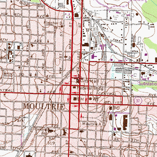 Topographic Map of Moultrie Fire Department Station 1, GA
