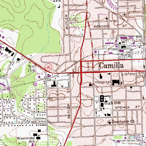 Topographic Map of Camilla Fire Department, GA