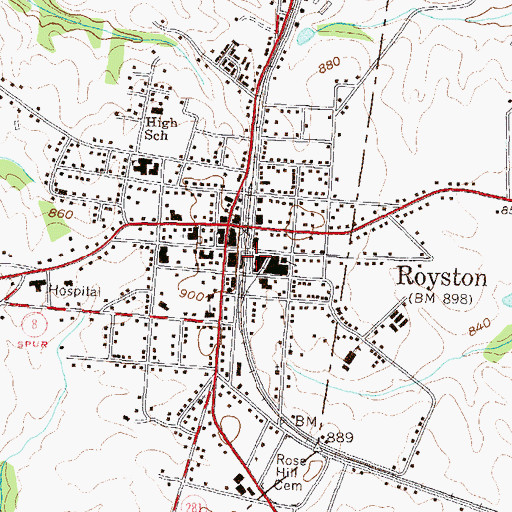 Topographic Map of Royston Fire Department, GA