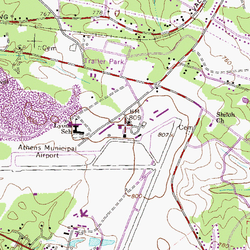 Topographic Map of Athens Municipal Airport Fire Department, GA