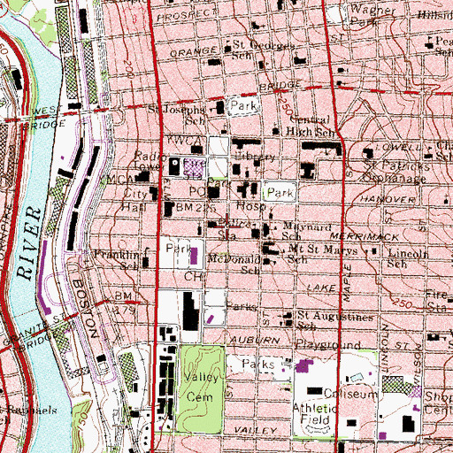 Topographic Map of Manchester Fire Department Station 1 - Central Headquarters, NH
