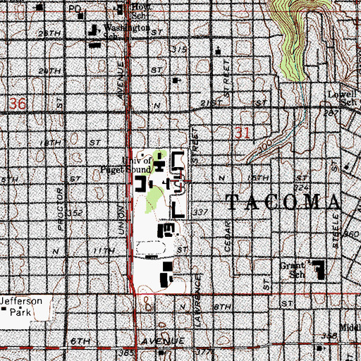 Topographic Map of University of Puget Sound Kittredge Hall and Art Gallery, WA