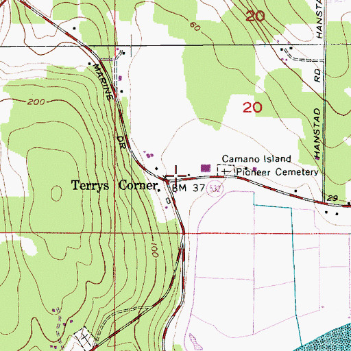 Topographic Map of Island County Fire Protection District 1 Camano Island Fire and Rescue Station 3 Terrys Corner, WA