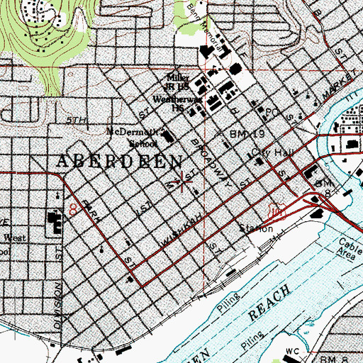 Topographic Map of Aberdeen Post Office, WA