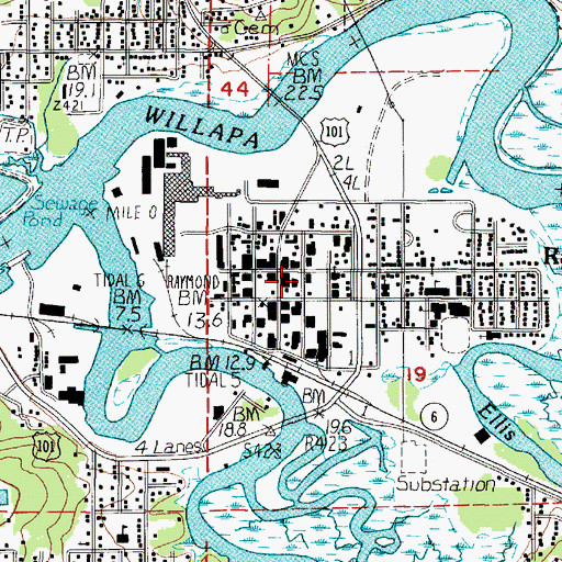Topographic Map of Raymond Post Office, WA