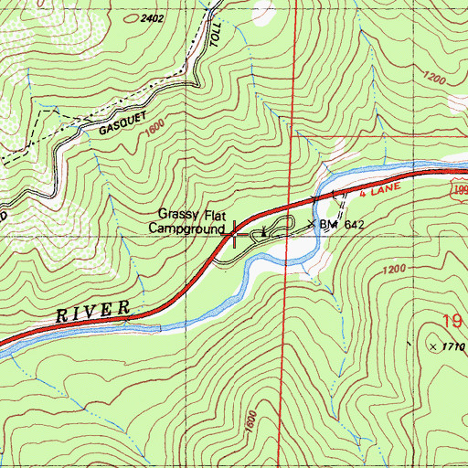 Topographic Map of Grassy Flat Campground, CA