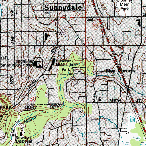 Topographic Map of Three Tree Community Church, WA