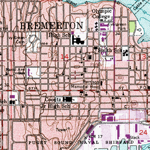Topographic Map of First Christian Church of Bremerton, WA