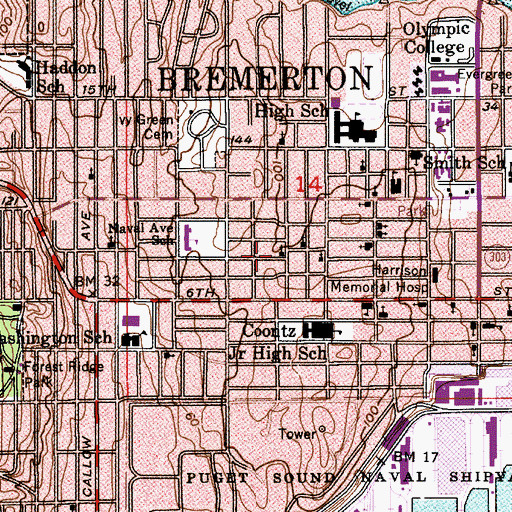Topographic Map of Bremerton Community Church of God, WA