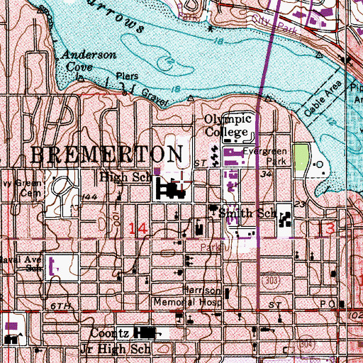 Topographic Map of Bremerton First Baptist Church, WA