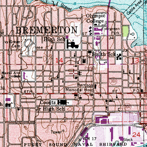 Topographic Map of Memorial Lutheran Church, WA