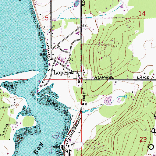 Topographic Map of Lopez Island Library, WA