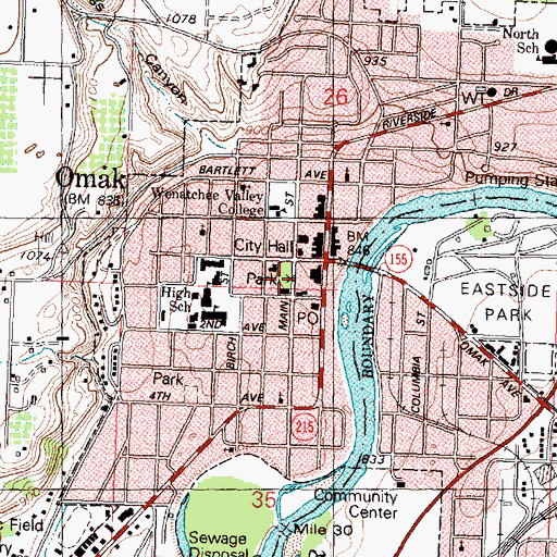 Topographic Map of Omak Community Library, WA