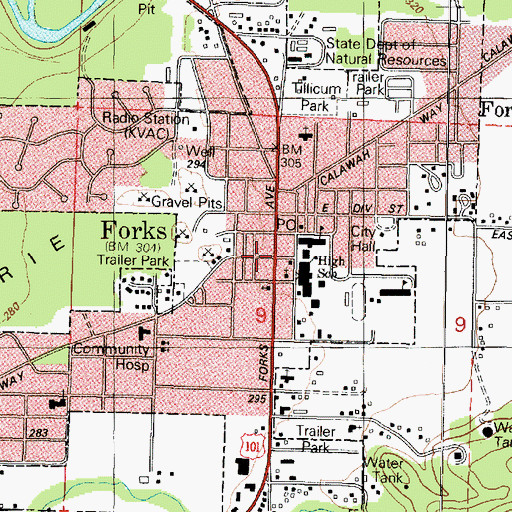 Topographic Map of Forks Library, WA