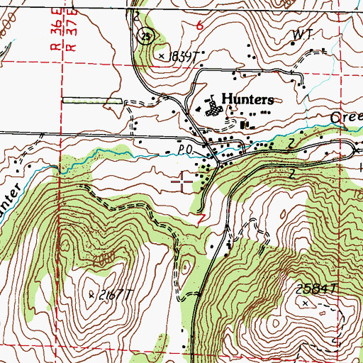 Topographic Map of Hunters Public Library, WA