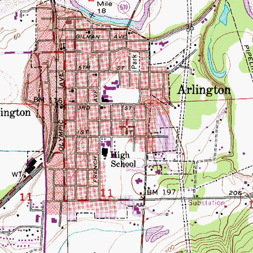 Topographic Map of Arlington Library, WA